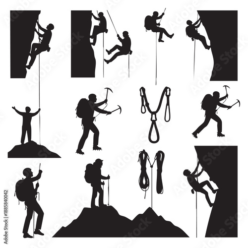 Silhouettes of climbers and mountaineers with ropes and gear on a white background ice axes
