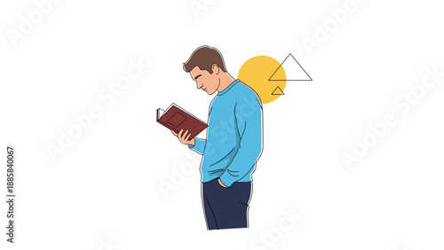 Young man standing in a casual pose while focusing his attention on reading a book with a yellow circle and shapes in the back.