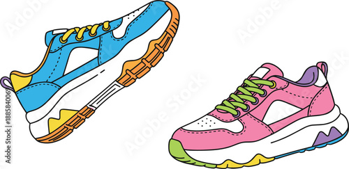 Colorful sport sneakers illustration isolated on white background, modern athletic shoes design, fashion footwear concept, casual running trainers vector art