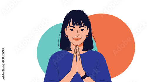 Portrait of a woman with her hands held together in a traditional prayer or namaste gesture against a simple colored background.