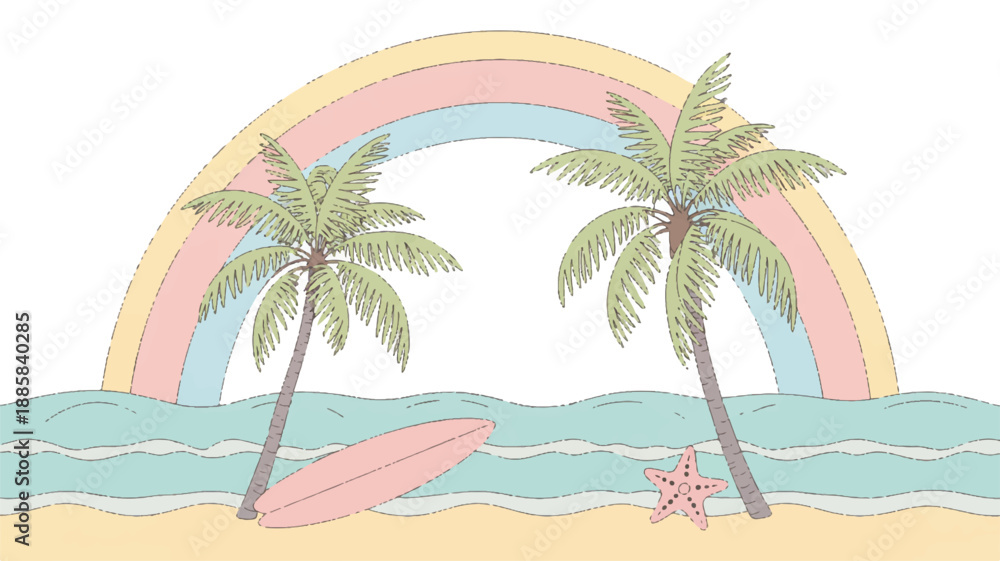 Obraz premium A pastel-colored digital illustration of a tropical beach scene framed by a rainbow arch (1)_traced