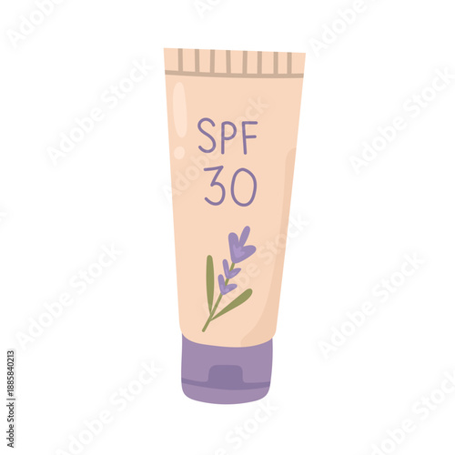 SPF 30 sunscreen tube with lavender icon for summer protection guides, beach travel articles, skincare routines, cosmetic packaging, and safety features.