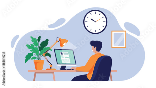 Dedicated man working at his office desk with a computer and desk lamp while focusing on his tasks in a calm home environment.