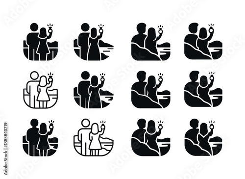Vacation Engagement Icons. Engagement on vacation. Icon set. Set Logo of engagement on vacation: couple at scenic overlook. harmonious logo variations of the