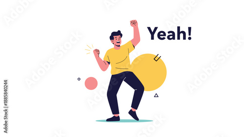 Happy young man dancing and celebrating with his fists raised in the air next to the word Yeah to express his joy and success.