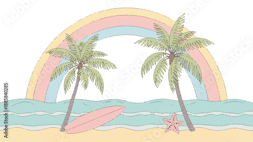 A pastel-colored digital illustration of a tropical beach scene framed by a rainbow arch (1)_traced