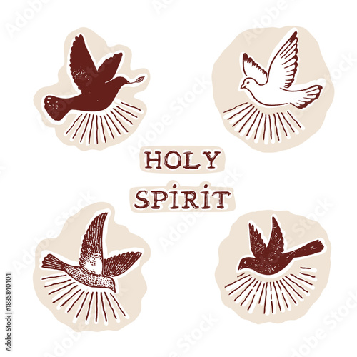 Holy Spirit dove illustration clip art . Black and white hand drawn motif for church , faith based bible study . Isolated vector flat for church announcement card, retreat, christian sticker set