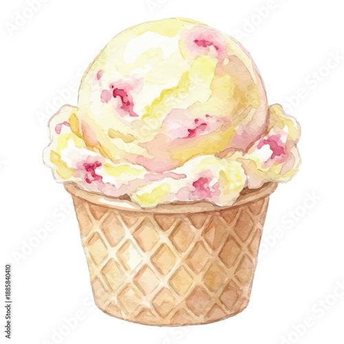 Soft Watercolor Gelato Scoop Illustration on White Background, Italian Frozen Dessert Vector
