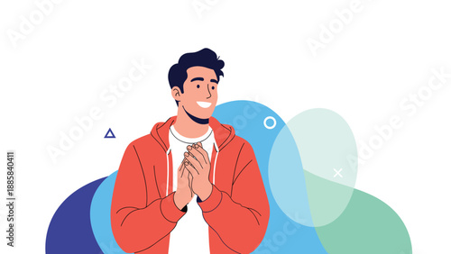 Cheerful young man wearing a red hoodie and clapping his hands together with a big smile against an abstract colorful backdrop.