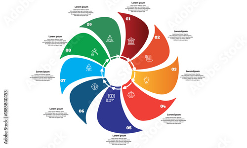 Collection of vector circle chart infographic templates for presentations, advertising, layouts, annual reports. 9 options, steps, parts	
