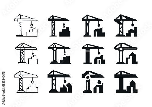 Urban Sprawl Logos. Urban sprawl. Icon set. Set Logo of Urban sprawl: construction crane. harmonious logo variations of the same emblematic concept, each with