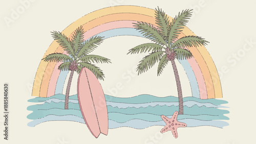A pastel-colored digital illustration of a tropical beach scene framed by a rainbow arch (2)_traced
