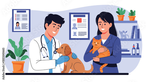 Professional veterinarian examining a small dog in a clinic while the owner holds a cat in her arms during a medical checkup.