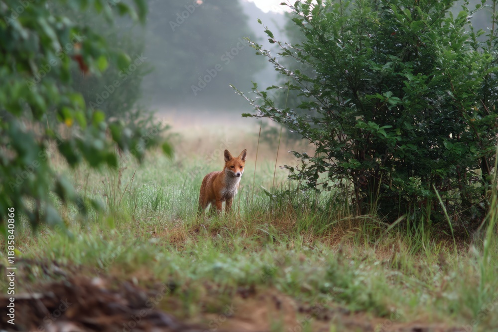 Fototapeta premium Fox Standing Quietly in a Misty Morning Forest Habitat Surrounded by Fog
