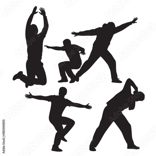 Silhouettes of people performing various yoga poses on white background stretching