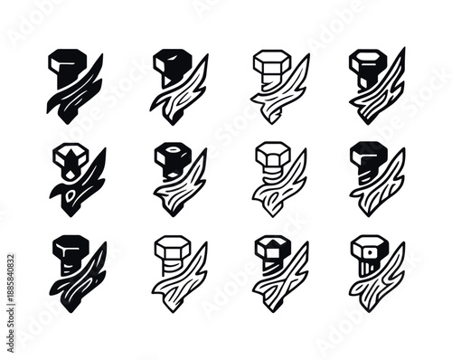 Wood Metal Logos. Wood and metal combo. Icon set. Set Logo of wood and metal combo: bolt and splinter. harmonious logo variations of the same emblematic