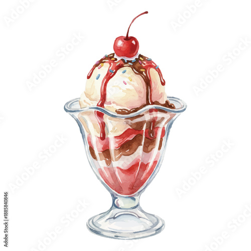 Watercolor Ice Cream Sundae Cup Illustration with Cherry on White Background, Summer Dessert Vector
