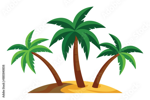 Three green palm trees stand on a sandy island in this vibrant scene