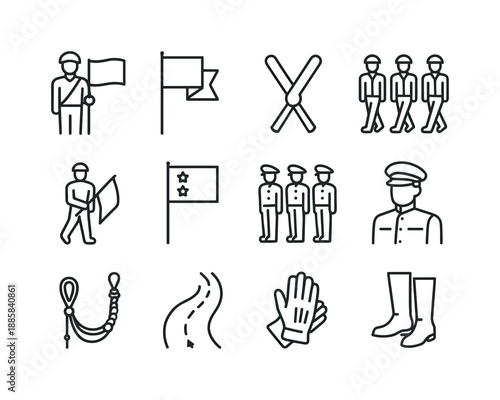 Color Guard Icons. Color guard. Line icon set of Color guard: flag bearer, ceremonial flag, flag harness, synchronized march, flag dip, flag detail icon, honor