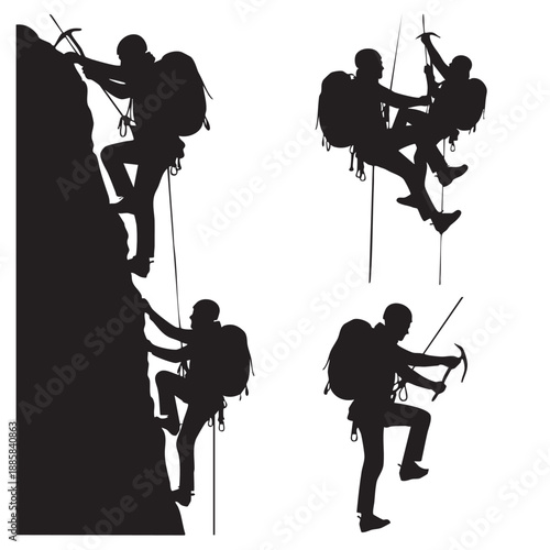 Silhouettes of people rock climbing with ropes and gear on a cliff climbers 1