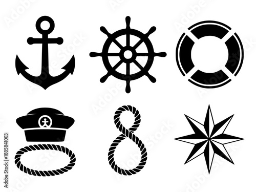 Set of 6 nautical symbols vector icons isolated PNG with Transparent Background