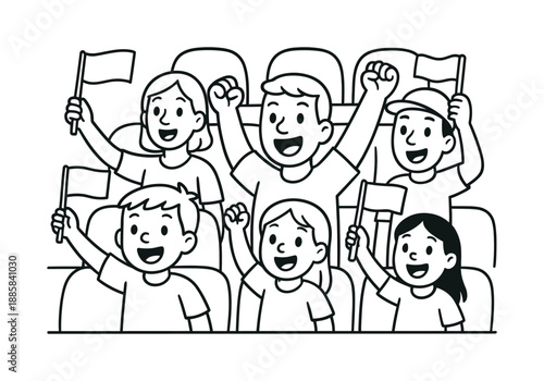Cheering Fans Coloring Page. Fans cheering children?s coloring book illustration, outlined drawing, friendly spectators waving simple flags as the team scores,