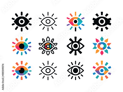 Colorful Eye Logos. Creative agency. Icon set. Set Logo of Creative agency: eye with color burst. harmonious logo variations of the same emblematic concept,