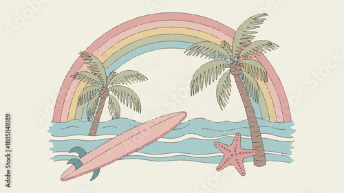 A pastel-colored digital illustration of a tropical beach scene framed by a rainbow arch (4)_traced
