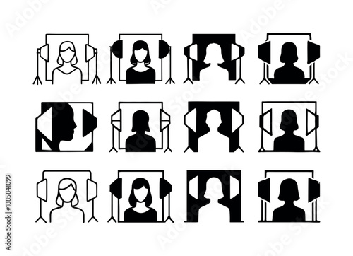 Studio Portrait Logos. Taking portraits in a studio. Icon set. Set Logo of Taking portraits in a studio: model silhouette. harmonious logo variations of the
