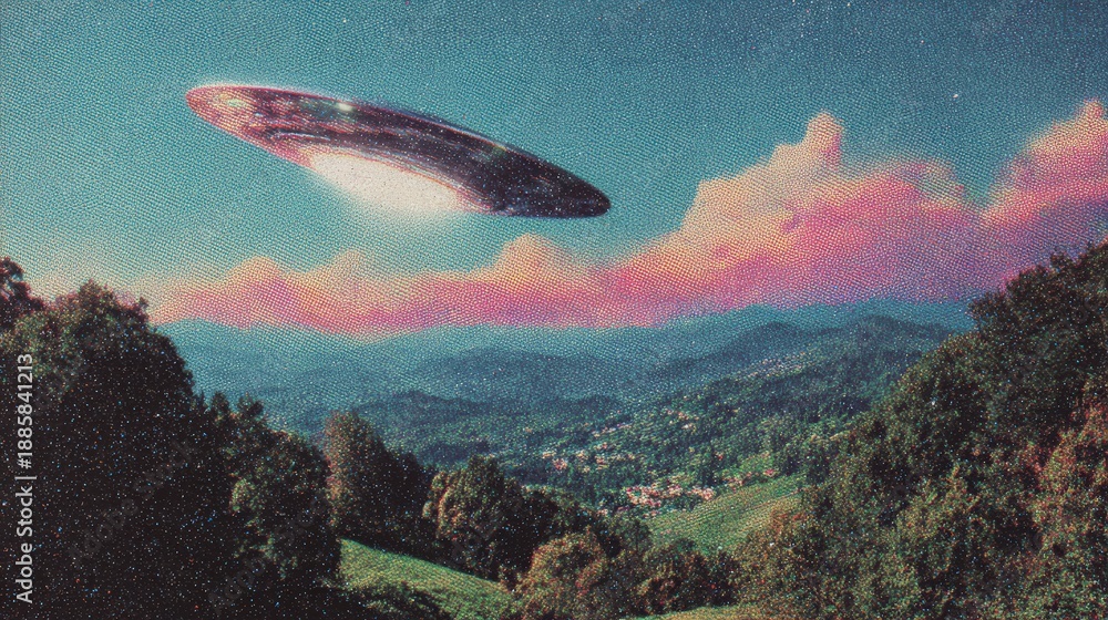 Naklejka premium Mysterious ufo flying over lush green mountain landscape, retro style collage illustrating alien invasion and science fiction concept
