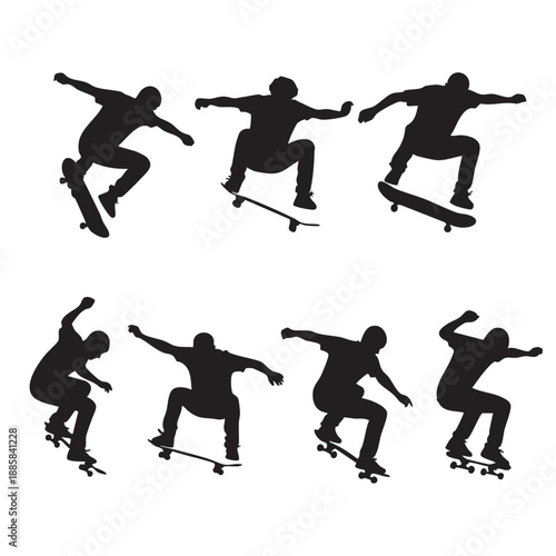 Silhouettes of skateboarders performing tricks in mid-air against a white background skateboarding 2