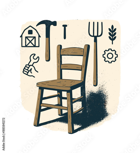 Rustic Farmhouse Charm. Old farmhouse chair. A rustic chair stands against a textured wall, simple tools hanging above. Floating icons evoke heritage and work.