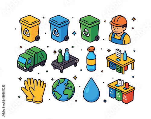 Colorful Recycling Icons. Recycling station. Colorful isometric vector icons set of recycling station: bins for plastic, paper, glass, metal,