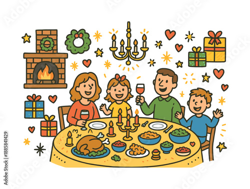 Festive Family Dinner. Holiday Family Feast. Colorful Hand-drawn doodle Children illustration decorated table, fireplace, wrapped gifts, happy