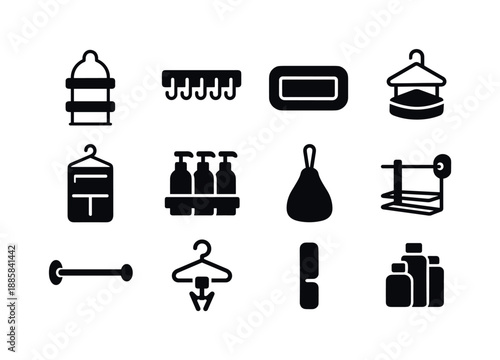 Shower Organizer Icons. Shower organization. Solid icon set of shower organization: shelf unit, hook row, soap tray, corner caddy, hanging organizer, bottle