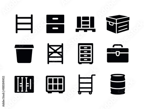 Storage Icon Set. Storage solutions. Solid icon set of storage solutions: shelf unit, drawer box, pallet, crate, bin, metal rack, tool cabinet, lockbox,