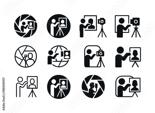 Studio Portrait Logo Collection. Taking portraits in a studio. Icon set. Set Logo of Taking portraits in a studio: shutter button. harmonious logo variations