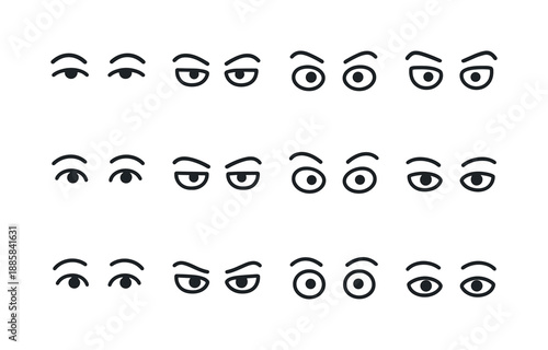 Gaze Expression Icons. Gaze Expressions. Line icon set of Gaze Expressions: soft gaze, intense gaze, curious look, suspicious glance, friendly eyes, focused