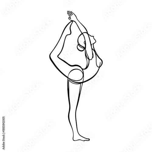 Dibujo sencillo con línea continua de una mujer de pie en una posición de yoga