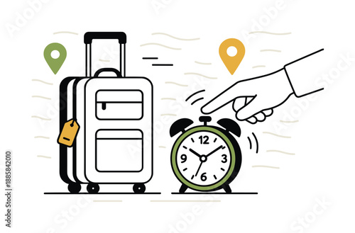 Travel Wake-up Scene. Setting an alarm clock ? travel wake-up. A portable alarm sits beside luggage; motion lines and map icons float in calm rhythm. Modern