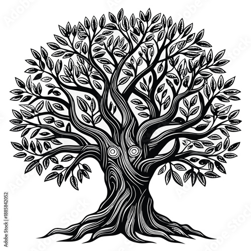 A monochrome shows a majestic tree with textured bark and many leaves