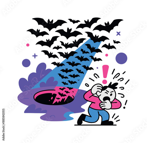 Bat Swarm Surprise. Bat Swarm Awakens. Dozens of stylized bats swarm upward from a deep cave opening, silhouetted against a light beam. Below, a tiny character