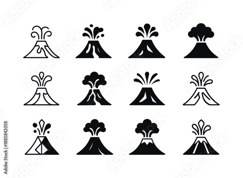 Volcano Emblem Variations. Volcanic eruption. Icon set. Set Logo of Volcanic eruption: erupting volcano. harmonious logo variations of the same emblematic