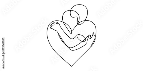 A continuous line drawing of a person hugging themself, symbolizing self-love and care Vector, illustration