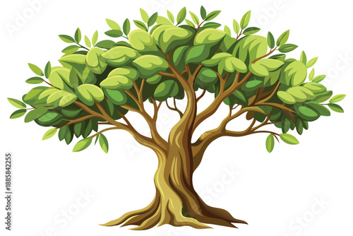 Cartoon tree with bright green leaves and a detailed brown trunk stands alone