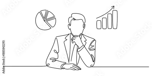 Continuous line drawing of a pensive businessman analyzing data for business growth Vector, illustration