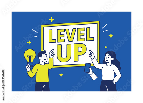 Level Up Banner. Level Up banner, flat vector illustration, bold oversized text inside rectangular frame, cartoon characters standing and pointing at banner,
