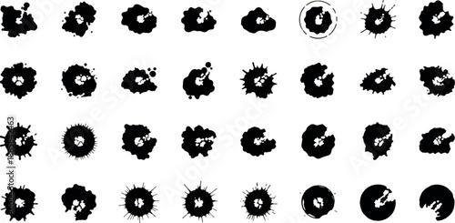 Abstract Black Ink Blot Set with Grungy Splatter Shapes, Hand Drawn Spray Paint Stains, and Messy Liquid Blurs