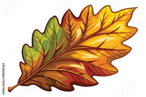 A single colorful oak leaf exhibits vibrant autumn hues with striking veins and intricate details