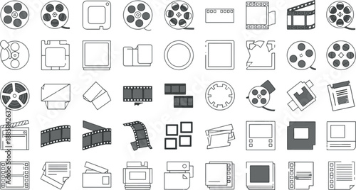 Minimalist Film Reel and Cinema Icon Set with Linear Movie Strips, Video Production Frames, and Multimedia Symbols